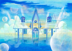 arch blue_sky blue_theme brick brick_wall bubble building cloud cloudy_sky cobblestone day door fantasy highres house light_rays no_humans original outdoors reflection reflective_water scenery sky stone_floor stone_wall sunlight water window yamakou_(yamakou_e2)