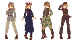 10s 1girl :d ;) aiguillette alternate_costume battle_rifle black_footwear black_gloves black_necktie black_pants black_shirt blazer blonde_hair blue_eyes boots brown_footwear brown_pants bsapricot camouflage clenched_hand closed_mouth collared_shirt commentary cross full_body garrison_cap gloves grin gun hand_on_own_hip hat helmet highres iron_cross jacket kantai_collection knee_pads long_hair long_sleeves low_twintails military military_uniform multiple_views necktie one_eye_closed open_mouth pants peacoat peaked_cap prinz_eugen_(kancolle) rifle shirt shotgun simple_background smile standing twintails twitter_username weapon white_background white_shirt wing_collar world_war_ii