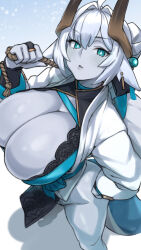 1girl black_bra blue_eyes bra breasts bridal_gauntlets chinese_clothes cleavage colored_skin commission eyelashes floral_print from_above grey_skin hair_between_eyes hand_on_own_hip highres horns huge_breasts long_sleeves looking_at_viewer looking_up mi2mi2_minmi original parted_lips pelvic_curtain rope simple_background skeb_commission solo underwear