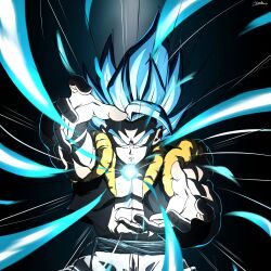 Rule 34 | 1boy, abs, bare shoulders, black background, black vest, blue eyes, blue hair, cowboy shot, cropped vest, dragon ball, dragon ball super, dragon ball super broly, energy ball, gogeta, highres, kamehameha (dragon ball), male focus, medium hair, metamoran vest, momin 3180, muscular, muscular male, open clothes, open vest, powering up, simple background, solo, spiked hair, vest