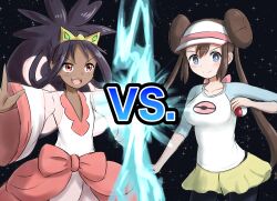 2girls age_difference ahoge alternate_breast_size arm_at_side artist_request big_hair black_hair blue_eyes breasts brown_hair collarbone dark-skinned_female dark_skin determined donut_hair_bun double_bun electricity female_focus flat_chest hair_bun hand_up highres holding holding_poke_ball imminent_fight iris_(pokemon) leggings_under_shorts light_blush long_hair looking_at_another looking_at_viewer low-tied_long_hair medium_breasts multiple_girls neck nintendo official_alternate_costume official_alternate_hairstyle open_hand open_mouth outstretched_arms poke_ball poke_ball_print pokemon pokemon_bw2 ponytail red_eyes rosa_(pokemon) shirt short_shorts shorts sidelocks sidelocks_tied_back smile standing star_(sky) starry_sky_background t-shirt three-quarter_sleeves tiara tight_clothes tight_shirt twintails v-neck v-shaped_eyebrows very_long_hair visor_cap vs wide_sleeves