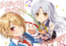 2girls absurdres angel_beats! anniversary aya_(0707) black_skirt blonde_hair blue_jacket blush closed_mouth collared_shirt commentary_request confetti copyright_name english_text eyelashes eyes_visible_through_hair foreshortening from_above grin hair_ornament hair_over_one_eye hairclip hand_up happy heaven_burns_red highres holding holding_party_popper jacket kayamori_ruka long_hair looking_at_viewer miniskirt multiple_girls neck_ribbon necktie party_popper pleated_skirt ponytail red_eyes red_necktie ribbon school_uniform shirt short_hair short_ponytail simple_background skirt smile tenshi_(angel_beats!) w white_background white_hair white_shirt yellow_eyes yellow_jacket yellow_ribbon