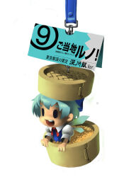 1girl :d bamboo_steamer blue_dress blue_hair bow circled_9 cirno commentary_request dress hair_bow ice ice_wings mini_person minigirl open_mouth puffy_short_sleeves puffy_sleeves short_hair short_sleeves simple_background smile solid_oval_eyes solo touhou translation_request upper_body white_background wings yohe