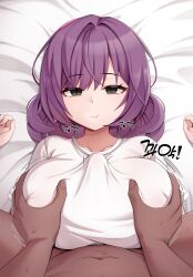 1boy 1girl :t absurdres bed_sheet black_eyes black_survival boy_on_top breasts chewing closed_mouth clothed_female_nude_male clothed_sex double_bun eternal_return:_black_survival expressionless grabbing_another&#039;s_breast groping hair_bun hands_up hetero highres huge_breasts interracial kisa_(leg3043) large_breasts long_hair looking_at_viewer lying motion_lines nia_heller nude on_back paizuri paizuri_under_clothes penis_under_another&#039;s_clothes pov pov_crotch purple_hair shirt short_sleeves solo_focus white_shirt