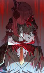 1boy 1girl asdf1211950 blood blood_on_clothes blood_on_face blood_on_hands brown_hair brown_suit dress formal_clothes frills gregor_(project_moon) highres hug limbus_company necktie project_moon red_dress red_hair suit yuri_(project_moon)