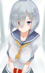 Rule 34 | 1girl, blue eyes, blue skirt, blush, bra, breasts, cleavage, closed mouth, collarbone, female focus, gift, hair ornament, hair over one eye, hairclip, hamakaze (kancolle), kantai collection, looking at viewer, medium breasts, pleated skirt, sailor collar, school uniform, see-through clothes, serafuku, short hair, short sleeves, silver hair, skirt, smile, solo, underwear, upper body, white bra, yamaioni (sasakama), yellow neckwear