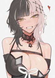 Rule 34 | 1girl, black choker, black dress, black hair, blush, breasts, chest belt, choker, cleavage, dress, grey hair, heart, highres, hololive, hololive english, josusun, lace, lace choker, large breasts, long hair, looking at viewer, multicolored hair, shiori novella, shiori novella (1st costume), smile, solo, split-color hair, sweat, teeth, virtual youtuber, yellow eyes