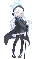 1girl absurdres beret black_coat black_gloves black_hat black_pantyhose black_sailor_collar blue_archive blue_bow blue_bowtie blush bow bowtie cane coat cosplay full_body gloves halo hat highres holding holding_cane long_hair looking_at_viewer meliach miyako_(blue_archive) one_side_up open_clothes open_coat pantyhose professor_niyaniya_(blue_archive) professor_niyaniya_(blue_archive)_(cosplay) purple_eyes sailor_collar smile solo white_background white_hair