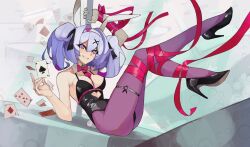 1girl absurdres ace_(playing_card) ace_of_hearts animal_ears arm_over_head bad_link bare_shoulders between_breasts black_leotard black_shoes blue_eyes blue_hair bound bound_calves bound_knees bound_legs bow bowtie breasts card cleavage clothing_cutout collarbone cutout_above_navel deo_artist detached_collar fake_animal_ears garter_belt grin hair_ornament hatsune_miku headband heart heart_cutout heart_hair_ornament heart_headband high_heels highres holding holding_card holding_pole legs_up leotard long_hair looking_at_viewer medium_breasts necktie necktie_between_breasts pantyhose pink_bow pink_bowtie pink_necktie pink_pupils playboy_bunny playing_card pole protected_link pumps purple_pantyhose rabbit_ears rabbit_hole_(vocaloid) rabbit_tail red_ribbon ribbon ribbon_bondage second-party_source seductive_smile shoes sitting smile solo stripper_pole tail twintails vocaloid white_headband x_hair_ornament