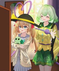 2girls :d :o absurdres annytf aqua_eyes black_hat breasts brown_hair buttons closed_eyes collarbone commentary commentary_request cowboy_shot crossover day diamond_button english_commentary eyelashes facing_another green_hair green_skirt grey_hair grey_shirt grey_skirt hair_ornament hair_ribbon hat heart heart_hair_ornament highres holding holding_stuffed_toy indie_virtual_youtuber indoors komeiji_koishi linuslinus920423 long_hair long_sleeves looking_ahead medium_breasts medium_hair mixed-language_commentary multiple_girls neuro-sama open_mouth pleated_skirt red_ribbon ribbon shirt skirt smile standing stuffed_toy sweater third_eye touhou turtle vedal987 wide_sleeves yellow_shirt yellow_sweater