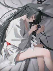 Rule 34 | 1girl, absurdres, animal ear fluff, animal ears, bare legs, blunt bangs, chromatic aberration, closed eyes, cowboy shot, fingernails, fox ears, fox girl, highres, hoshimi miyabi, katana, long hair, parted lips, sidelocks, sleeping, solo, sword, thomas 8000, weapon, zenless zone zero