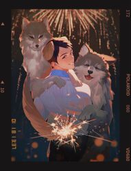 1boy aerial_fireworks animal animal_ears animal_on_shoulder black_eyes black_hair black_pants blurry cowboy_shot dao_mu_bi_ji dog dog_ears fireworks fox hekouziran highres looking_at_viewer male_focus night outdoors pants shirt short_hair smile solo standing white_shirt wu_xie_(daomu_biji)