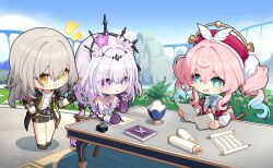 3girls aqua_bow aqua_eyes aqua_hair black_jacket black_skirt black_tiara blue_sky book bow bright_pupils castorice_(honkai:_star_rail) cavcaz chibi chibi_only commentary dress drill_hair elbow_rest english_commentary flower gloves gradient_hair grey_hair grin hair_between_eyes hair_flower hair_ornament hair_scrunchie hand_on_own_chin hand_on_own_hip hat highres holding holding_paper holding_pen honkai:_star_rail honkai_(series) hyacine_(honkai:_star_rail) index_finger_raised inkwell jacket long_hair looking_at_object low_twintails multicolored_hair multiple_girls on_chair open_clothes open_jacket open_mouth outdoors paper pen pink_hair plant pointy_ears potted_plant purple_eyes purple_gloves purple_hair red_dress red_hat scroll scrunchie shirt sitting skirt sky smile standing stelle_(honkai:_star_rail) sweatdrop table tiara trailblazer_(honkai:_star_rail) twin_drills twintails very_long_hair white_dress white_scrunchie white_shirt writing yellow_eyes