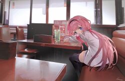 1girl absurdres armband black_hairband black_thighhighs blue_eyes blush chair cup drinking_glass drinking_straw hairband highres indoors kome_non long_hair long_sleeves looking_at_viewer melon_soda nijisanji pink_hair red_armband restaurant shirt signature sitting skirt solo suo_sango suo_sango_(1st_costume) table thighhighs virtual_youtuber white_shirt window