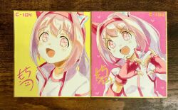 1girl :d animal_ears bow commentary_request ear_bow fingerless_gloves flower-shaped_pupils gloves gym_shirt hair_between_eyes hairband haru_urara_(umamusume) heart highres horse_ears jacket long_sleeves looking_at_viewer moko39_takasora multiple_views open_clothes open_jacket open_mouth photo_(medium) pink_eyes pink_hair ponytail red_gloves red_hairband shirt signature smile symbol-shaped_pupils traditional_media umamusume upper_body v-shaped_eyebrows white_bow white_jacket white_shirt