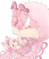 1girl animal_ear_fluff animal_ears asymmetrical_legwear blush bra breasts cardigan footwear_ribbon fox_ears fox_girl fox_tail frilled_bra frilled_hairband frills hair_between_eyes hairband highres indie_virtual_youtuber large_breasts leg_warmers long_hair looking_at_viewer momochiru nekonika_(e102k) open_cardigan open_clothes pink_bra pink_eyes pink_hair pink_leg_warmers pink_shoes second-party_source shoes simple_background single_thighhigh sleeves_past_wrists solo tail thighhighs underwear very_long_hair virtual_youtuber white_background