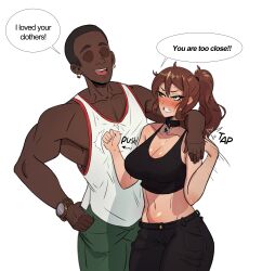 bad_tag belly brown_hair commission dialogue_box muscular navel pushing_away queen_of_spades_symbol tsundere