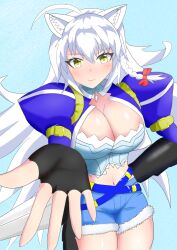 1girl ahoge animal_ear_fluff animal_ears braid breasts bustier cleavage detached_collar dog_days fingerless_gloves fur_trim gloves hair_between_eyes highres large_breasts leonmitchelli_galette_des_rois long_hair looking_at_viewer navel reaching reaching_towards_viewer short_shorts shorts smile uraki_vtuber white_hair yellow_eyes
