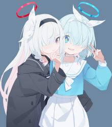 +_+ 2girls absurdres aqua_hair arm_behind_another&#039;s_back arona_(blue_archive) black_choker black_coat black_hairband black_sailor_collar black_serafuku black_shirt black_skirt blue_archive blue_background blue_eyes blue_halo blue_shirt blunt_bangs bow bow_hairband braid buttons chinese_commentary choker closed_mouth coat colored_inner_hair commentary_request eyes_visible_through_hair fanshuimucishen grey_eyes hair_ornament hair_over_one_eye hairband halo hand_up highres index_finger_raised long_hair long_sleeves looking_at_viewer medium_hair multicolored_hair multiple_girls neckerchief open_clothes open_coat parted_bangs parted_lips pink_hair plana_(blue_archive) pleated_skirt puffy_long_sleeves puffy_sleeves red_halo red_pupils sailor_collar sailor_shirt school_uniform serafuku shirt sidelocks simple_background single_braid skirt smile two-tone_hair unbuttoned v very_long_hair white_bow white_choker white_hair white_hairband white_neckerchief white_sailor_collar white_skirt