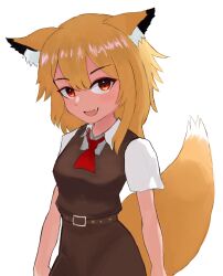 1girl animal_ear_fluff animal_ears ascot blonde_hair breasts brown_dress collared_shirt commentary_request cookie_(touhou) cowboy_shot dress fang fox_ears fox_girl fox_tail highres looking_at_viewer medium_hair miramikaru_riran open_mouth pinafore_dress pro55h red_ascot red_eyes shirt short_sleeves simple_background sleeveless sleeveless_dress small_breasts smile solo tail white_background white_shirt