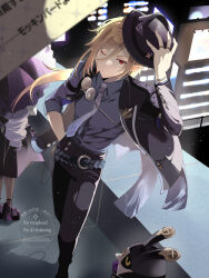 1boy 1girl bangboo_(zenless_zone_zero) black_jacket black_pants blonde_hair collared_vest gradient_necktie hand_in_pocket hat highres holding holding_umbrella holding_unworn_clothes holding_unworn_hat hugo_vlad jacket komesiwo_syumi lapel_pin long_hair mole mole_under_eye necktie outdoors pants pointy_ears purple_shirt red_eyes shirt smile umbrella unworn_hat unworn_headwear vest vivian_banshee zenless_zone_zero