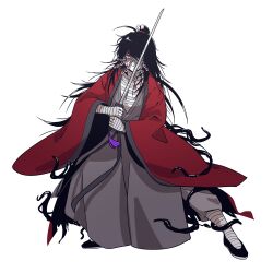 1boy absurdres bandaged_arm bandaged_chest bandaged_foot bandaged_hand bandaged_leg bandaged_neck bandages black_hair black_hanfu black_shoes blood blood_on_face chinese_clothes closed_mouth coat coin coin_mask creature dao_gui_yi_xian fighting_stance full_body grey_pants hair_between_eyes hair_bun hair_over_one_eye hanfu highres holding holding_sword holding_weapon holed_coin jian_(weapon) li_huowang li_sui_(tentacles) long_hair long_sleeves looking_at_viewer male_focus mask messy_hair mouth_veil one_eye_covered open_clothes open_coat pants red_coat red_eyes robe shoes simple_background single_hair_bun solo standing sword sword_tassel tassel tentacles tentacles_under_clothes veil very_long_hair weapon white_background wide_sleeves wuzi3742
