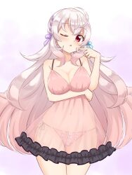 1girl :o absurdres arm_under_breasts blush braid breasts chemise commentary cowboy_shot finger_to_cheek frilled_chemise gradient_hair hair_ribbon highres indie_virtual_youtuber large_breasts long_hair looking_at_viewer multicolored_hair navel one_eye_closed open_mouth panties pink_hair pink_panties purple_background red_eyes ribbon see-through_clothes shiraha_maru side-tie_panties solo standing string_panties thigh_gap underwear urato_chieru very_long_hair white_hair