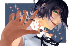 Rule 34 | 1girl, black choker, black hair, black ribbon, chainsaw man, choker, commentary request, green eyes, grenade pin, hair over one eye, highres, open mouth, rese (mohumohumohun), reze (chainsaw man), ribbon, shirt, sleeveless, sleeveless shirt, solo, white shirt