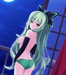 10s 1girl artist_name ass bad_id bad_pixiv_id breasts butt_crack convenient_censoring female_focus green_hair green_panties hakozaki_chika keenh long_hair looking_at_viewer looking_back moon neptune_(series) night open_mouth panties red_eyes sky solo star_(symbol) topless_female underwear underwear_only