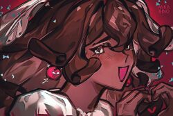 1girl black_forest_cookie bridal_veil brown_hair cookie_run cookie_run:_kingdom cross-shaped_pupils dark-skinned_female dark_skin dress hair_intakes long_hair looking_at_viewer mikarino_x puffy_short_sleeves puffy_sleeves short_sleeves solo symbol-shaped_pupils veil wedding_dress white_dress white_eyes