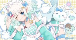 Rule 34 | 1girl, :3, animal ears, apron, blue eyes, cat ears, cat girl, cat tail, commentary, detached sleeves, english commentary, extra ears, feet out of frame, ghost, gradient hair, green apron, green hair, green nails, green skirt, heart, ice cream cone, indie virtual youtuber, maid headdress, mint fantome, mint fantome (minto 2.0), multicolored hair, n4391, nail polish, name tag, one eye closed, plaid apron, plaid background, plaid clothes, pointy ears, skirt, tail, thigh strap, twitter username, two side up, v, virtual youtuber, white apron, white background, white hair, wisps (mint fantome), yellow background