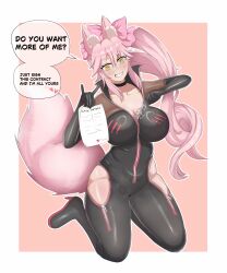 1girl absurdres animal_ear_fluff animal_ears black_bodysuit black_choker black_gloves bodysuit border breasts choker cleavage commentary elbow_gloves english_commentary english_text fate/grand_order fate_(series) fox_ears fox_tail giacmertanfine glasses gloves grey-framed_eyewear grin hair_between_eyes hair_ribbon highres hip_vent holding holding_paper koyanskaya_(assassin)_(first_ascension)_(fate) koyanskaya_(fate) large_breasts long_hair open_mouth paper pink_hair pink_ribbon pink_tail ponytail ribbon simple_background smile solo tail tamamo_(fate) teeth white_border yellow_eyes zipper zipper_pull_tab