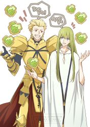 1other androgynous armor blonde_hair commentary_request enkidu_(fate) fate/grand_order fate/strange_fake fate_(series) gilgamesh_(fate) green_eyes green_hair highres long_hair nekota_(ta_neko0) other_with_male red_eyes robe spiked_hair watermark white_robe