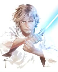 1boy blonde_hair blue_lightsaber energy_sword green_eyes highres holding holding_sword holding_weapon lightsaber looking_at_viewer luke_skywalker sergacuna short_hair simple_background solo star_wars sword tunic upper_body weapon white_background white_tunic