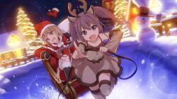 22/7 22/7_ongaku_no_jikan 2girls ahoge animal_costume animal_ears black_gloves blonde_hair blurry brown_dress christmas christmas_tree collarbone depth_of_field detached_sleeves dress dutch_angle fake_animal_ears fake_antlers fang game_cg gift_bag gloves green_eyes hair_between_eyes hair_ornament highres lens_flare long_sleeves looking_at_viewer motion_blur multiple_girls night non-web_source official_art open_mouth outdoors outstretched_arm pointing pointing_at_viewer purple_eyes purple_hair reindeer_costume running saito_nicole santa_costume short_hair shorts sleigh smile snow snowman sparkle sweatdrop tojo_yuki twintails wavy_mouth
