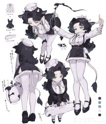 1girl absurdres animal_charm animal_ears black_gloves black_hair black_shoes blouse blue_brooch blue_eyes charm_(object) color_guide cow_ears cow_girl cow_horns cow_tail curtained_hair dixie_cup_hat gloves hat highres horns long_hair military_hat multiple_views original pantyhose shirt shoes simple_background single_glove skirt suspender_skirt suspenders tail translation_request violin_case white_background white_hat white_pantyhose white_shirt wing_collar zizi_niisan