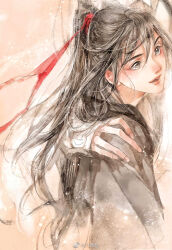 2boys androgynous black_hair black_hanfu blush chinese_clothes faux_traditional_media grey_eyes hair_ribbon hand_on_another&#039;s_shoulder hanfu head_out_of_frame high_ponytail hug ink_wash_painting kcllzas163 lan_wangji light_particles long_hair long_sleeves looking_at_another male_focus modao_zushi multiple_boys open_mouth out_of_frame parted_lips ponytail red_ribbon ribbon robe smile solo_focus third-party_source upper_body watermark wei_wuxian weibo_watermark white_hanfu yaoi