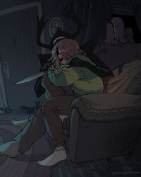 1girl 2others absurdres alternate_skin_color colored_skin deltarune furry furry_female galacticgoldfishart highres holding kris_(deltarune) long_hair long_sleeves multiple_others other_focus pants purple_skin red_eyes reptile_girl roaring_knight sharp_teeth shirt susie_(deltarune) teeth