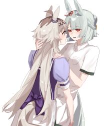 2girls animal_ears blonde_hair blue_hair blush collared_shirt commentary_request fujimasa_march_(umamusume) hand_in_another&#039;s_hair hand_on_another&#039;s_shoulder highres hill_chuchu horse_ears horse_girl horse_tail long_hair multiple_girls oguri_cap_(umamusume) purple_eyes purple_shirt red_eyes school_uniform shirt short_hair short_sleeves simple_background tail tracen_school_uniform umamusume umamusume:_cinderella_gray white_background white_shirt yuri