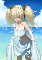 Rule 34 | 1girl, absurdres, bare arms, bare shoulders, bikini, blonde hair, blue sky, blurry, blurry background, breasts, cleavage, clothes lift, cloud, collarbone, day, feet out of frame, frilled bikini, frills, hair between eyes, hair ornament, highres, horizon, large breasts, leaning forward, lens flare, long hair, maou gakuin no futekigousha, navel, ocean, one eye closed, open mouth, outdoors, purple eyes, sarong, sarong lift, sasha necron, sky, smile, solo, standing, swimsuit, topho950, twintails, v-shaped eyebrows, water, white bikini, white sarong