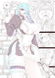 2024 apron blue_hair braid breasts cleavage dress fushiguro_megumi gojou_satoru huge_breasts itadori_yuuji jujutsu_kaisen jun_wu_mo kugisaki_nobara long_hair mei_mei_(jujutsu_kaisen) nanami_kento pubic_tattoo red_lips signature smile solo_focus tattoo thigh_strap ui_ui_(jujutsu_kaisen)