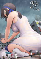 3girls blue_hairband breasts brown_hair building city giant giantess green_eyes hairband holding holding_umbrella kantai_collection kasu_(kasunohikari) kneeling mogador_(kancolle) multiple_boys multiple_girls outdoors rain size_difference thighhighs umbrella wet wet_clothes white_thighhighs