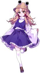 1girl blonde_hair brown_hat brown_shoes commentary_request frilled_skirt frills full_body hair_ribbon hat highres leg_up loafers long_hair long_sleeves looking_at_viewer moriya_suwako purple_skirt purple_vest red_ribbon ribbon second-party_source shoes skirt skirt_set smile solo ssm_(ssm82048039) standing standing_on_one_leg tachi-e thighhighs touhou transparent_background tress_ribbon vest white_thighhighs wide_sleeves yellow_eyes