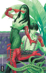 1boy 1girl absurdres bbkryrnos belt black_hair boots breasts brown_hair cigarette collared_shirt couch cross-laced_footwear dress_shirt eating elbow_gloves food gloves green_theme hand_on_another&#039;s_arm high-waist_pants high_heel_boots high_heels highres holding holding_cigarette holding_food holding_skewer leg_up limited_palette long_hair looking_at_viewer marker_(medium) meat nipples on_couch open_mouth original pants plant red_footwear red_gloves scale_print shirt sitting skewer smoking spread_legs suspenders thigh_boots tongue tongue_out topless_female traditional_media