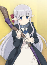 Rule 34 | 1girl, blue eyes, blush stickers, braid, collar, cosplay, dress, elf, fern (sousou no frieren), fern (sousou no frieren) (cosplay), hair ribbon, highres, holding, holding staff, ichinose kana, long hair, looking at viewer, maou no ore ga dorei elf wo yome ni shitanda ga dou medereba ii?, metal collar, nephelia, pointy ears, ribbon, solo, sousou no frieren, staff, trait connection, ueyama michirou, voice actor connection, wavy mouth, white hair