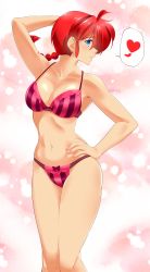 1girl absurdres armpits blue_eyes blush bow bow_bra bow_panties bra braid breasts cleavage genderswap genderswap_(mtf) hand_on_own_hip heart highres large_breasts lingerie navel omiiverse panties ranma-chan ranma_1/2 red_hair saotome_ranma shiny_skin single_braid solo spoken_heart striped_bra striped_clothes striped_panties underwear