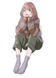 Rule 34 | 1girl, blunt bangs, closed mouth, commentary, eunha (gfriend), full body, gfriend, hands on own face, highres, k-pop, light smile, long sleeves, looking to the side, mafuyumikka, medium hair, pink hair, pink nails, real life, red lips, simple background, socks, solo, sweater, twitter username, white background
