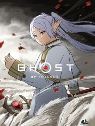 1girl black_sky capelet cloud commentary cover derivative_work earrings english_commentary expressionless fake_cover field floating_earring floating_hair frieren ghost_of_tsushima gold_trim green_eyes holding holding_jewelry holding_ring holding_staff jewelry leaf long_sleeves looking_down mugi_(mugit49) outdoors parody parted_bangs pointy_ears ring skirt sky solo sousou_no_frieren staff standing thick_eyebrows twintails upper_body video_game_cover video_game_cover_redraw white_capelet white_skirt wind