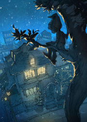 1boy christmas_lights demizu_posuka elf hat highres house in_tree lamppost night night_sky original outdoors pointy_ears sitting sitting_in_tree sky solo star_(sky) starry_sky striped_sleeves tree urban window