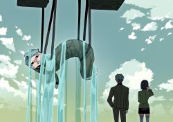 1boy 1girl back beard black_hair blue_sky challia_bull character_charm charm_(object) cloud comoli_harcourt day facial_hair from_behind gloves green_hair gundam gundam_gquuuuuux hand_in_pocket hanging highres is_this_the_rose_of_sharon?_(meme) jacket long_sleeves meme military_jacket military_uniform mustache outdoors sa1korokorokoro scene_reference short_hair skirt sky water
